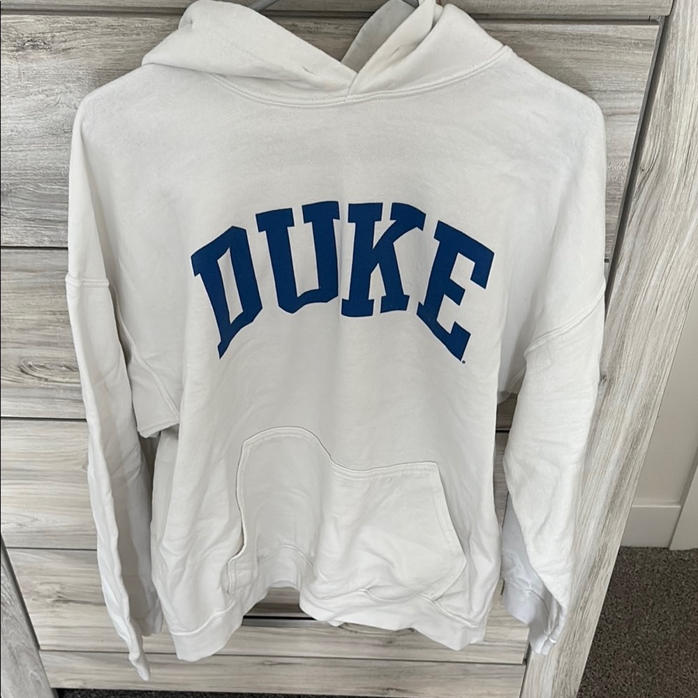 Gildan White Hoodie with Blue Print. Duke university